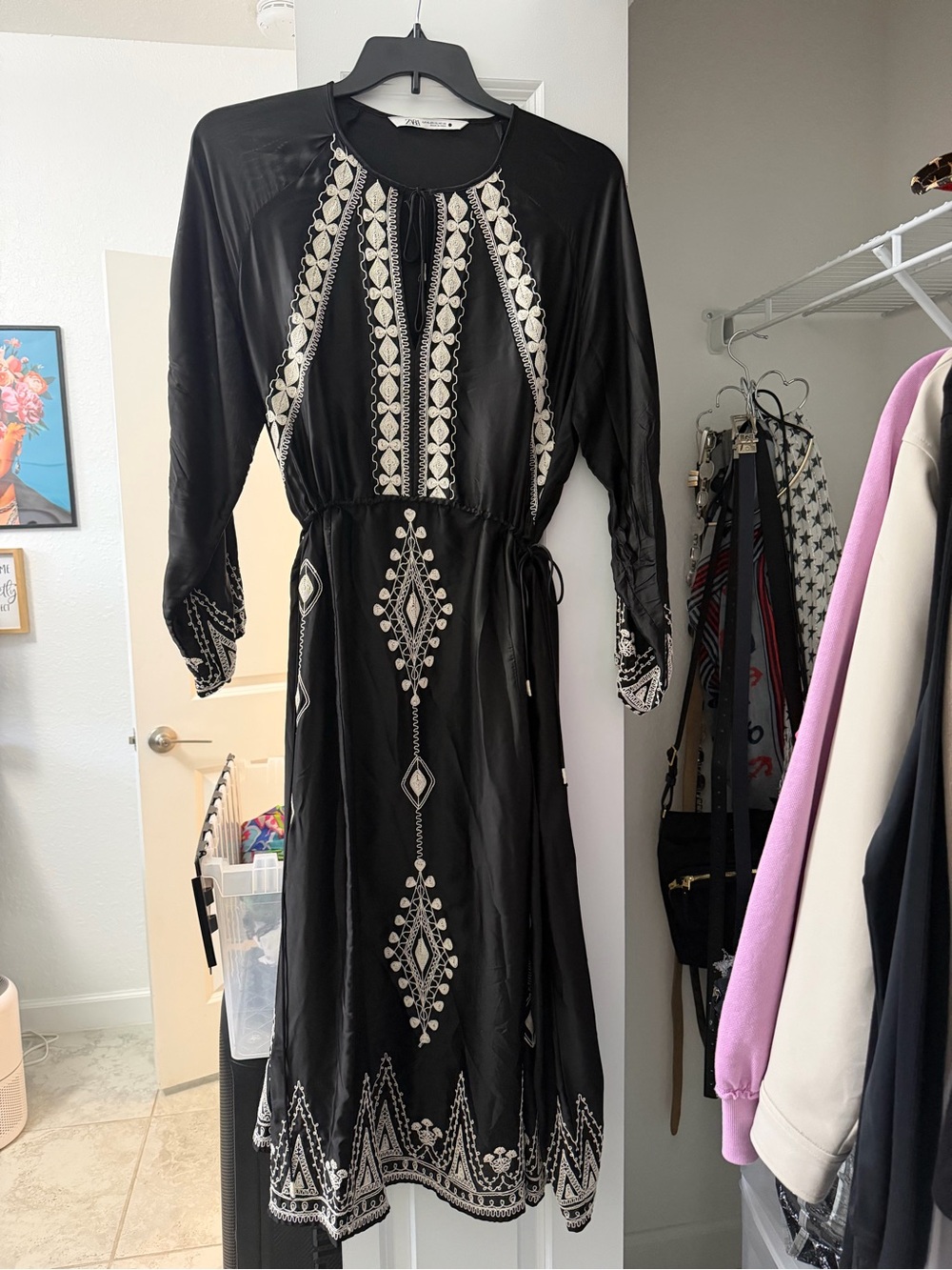 Zara Black Maxi Dress with White Embroidered Detail